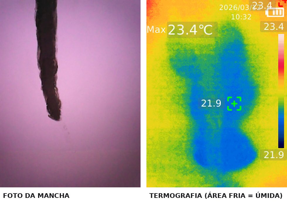 Mancha no teto e imagem de termografia infravermelha mostrando a área úmida